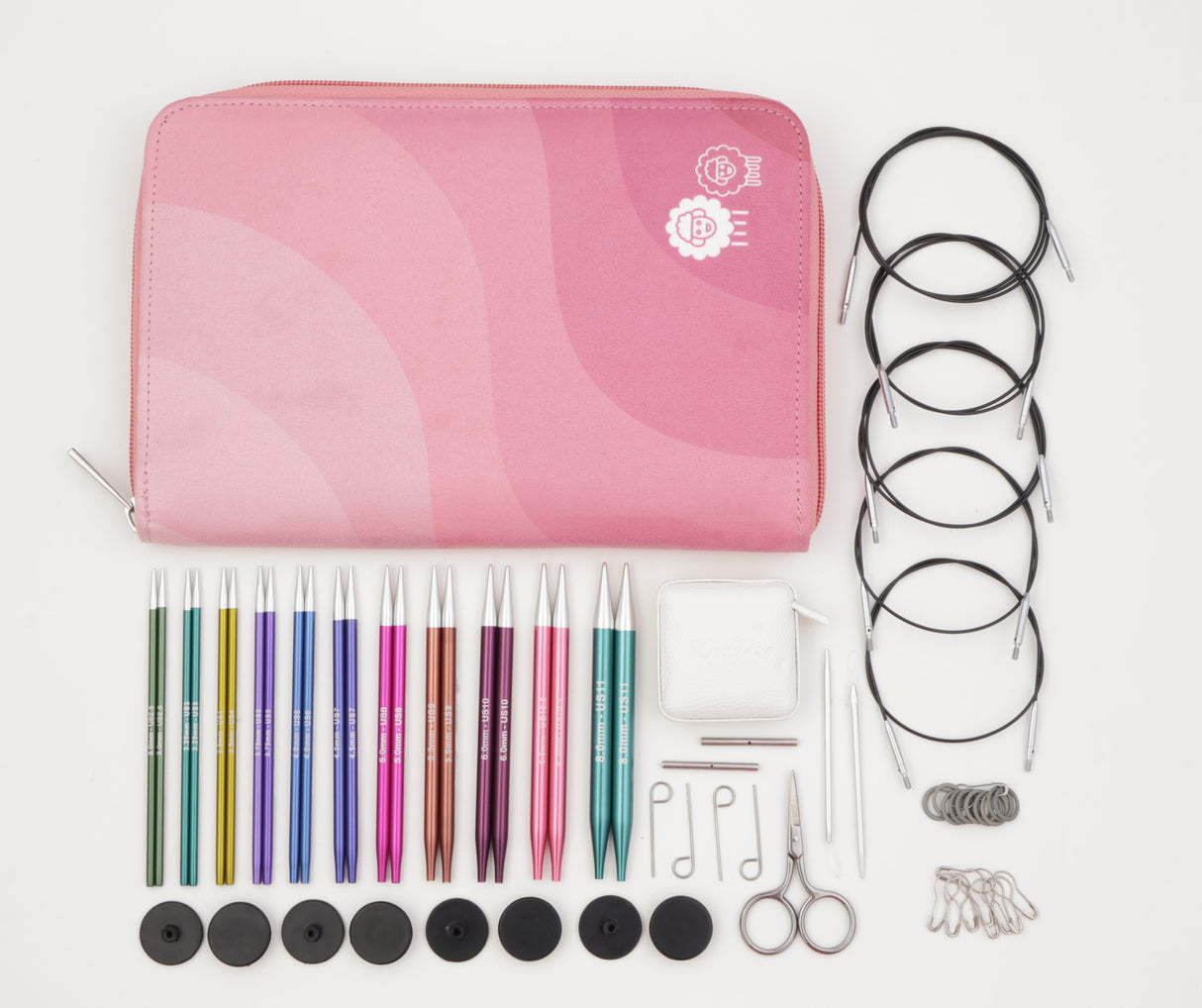 KnitPro Zing Normal Interchangeable Needle Set – Regal - 13 cm (47435) - what is all inside the etui : 11 pairs of IC tips, kneeting needles different sizes, 8 end caps, 4 cable keys, 1 set of cable connectors, 1 Scissors, 1 tape measure, 2 wool Needles, 10 Locking Stitch Markers, 10 Round Stitch Markers