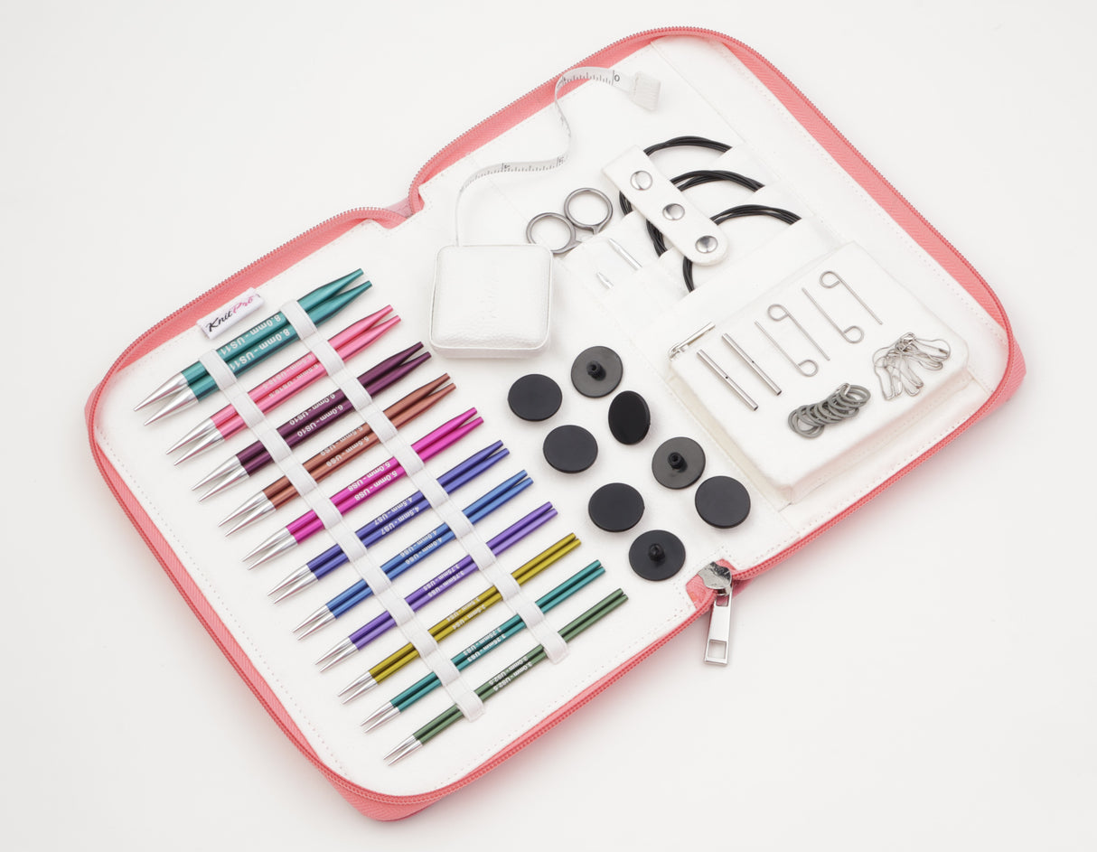 Zing Normal Interchangeable Needle Set in etui, needles 13cm long: 8 end caps, 4 cable keys, 1 set of cable connectors, 1 Scissors, 1 tape measure, 2 wool Needles, 10 Locking Stitch Markers, 10 Round Stitch Markers