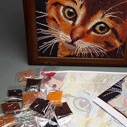 Red kitty bead embroidery kit laid out, ideal for intermediate crafters.