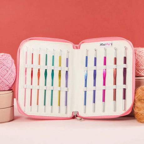 KnitPro Zing Single Ended Crochet Hook Set – Grande (47439) with 12 hooks sizes 2.0-6.0mm, in a pink fabric case