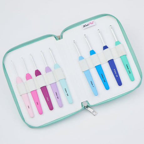 KnitPro Waves Single Ended Crochet Hook Deluxe Set - 9 Color - Coded Ergonomic Hooks 2.0, 2.5, 3.0, 3.5, 4.0, 4.5, 5.0, 5.5 & 6.0 mm - Leo Hobby Marketplace